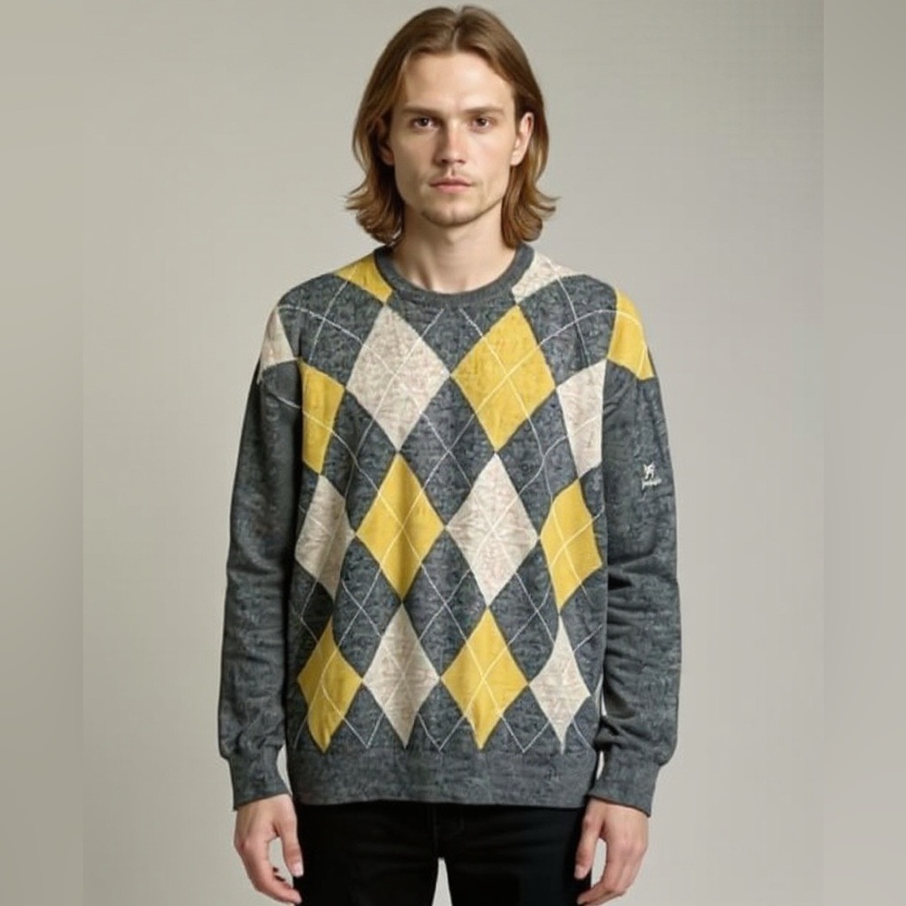 Pringle of Scotland Vintage Men's100% Lamb’s Wool Gray Argyle Sweater Large